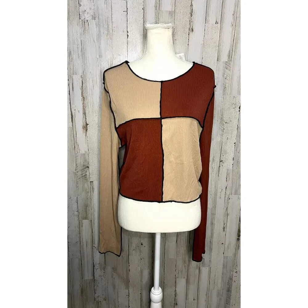 NWT GIBIU USA Women's 3XL Colorblock Long Sleeve Crop Top Brown‎ Tan Casual